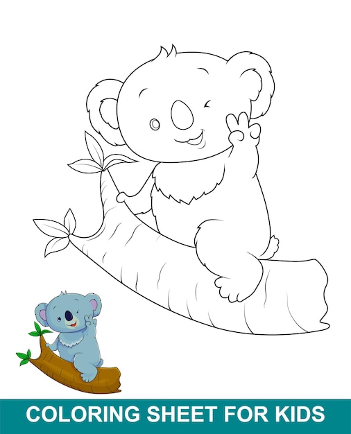 Lindo koala con libélula sentada en una rama hoja para colorear para niños