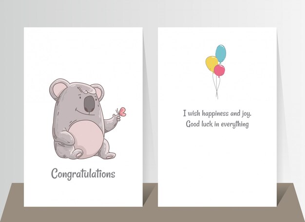 Lindo koala con mariposa en el dedo. Plantilla de cartel doodle dibujado a mano con bolas de aire. Personaje de dibujos animados lindo oso