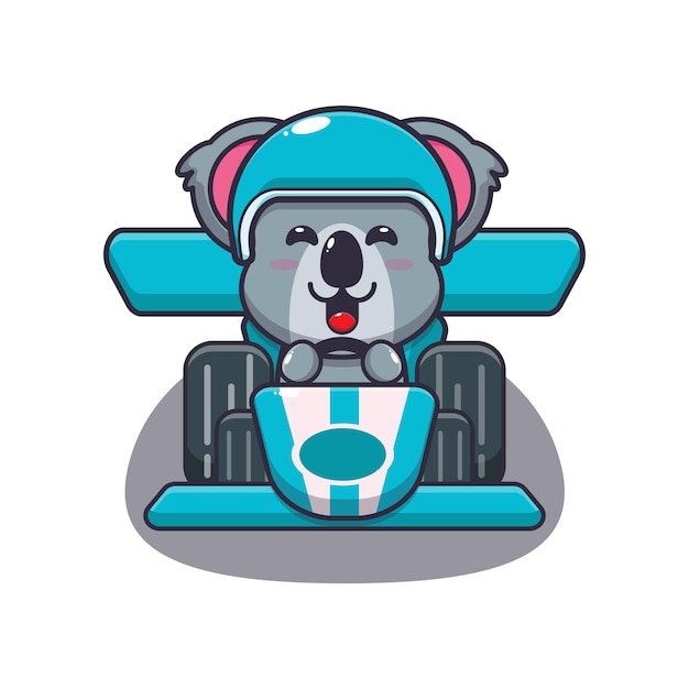 Vector lindo koala mascota personaje de dibujos animados montando coche de carreras