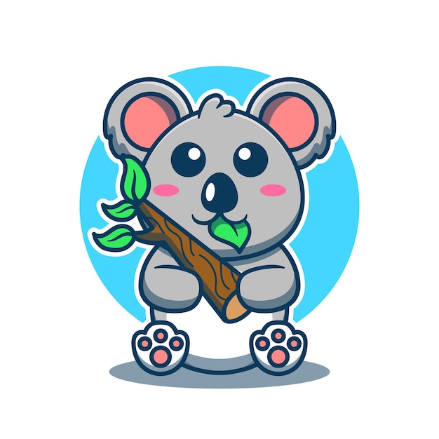 Vector lindo koala mascota sosteniendo ramas y hojas en su bocahermosa ilustración de vector de personaje de dibujos animados de animales australianos