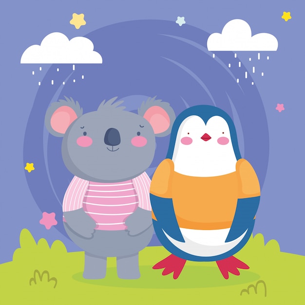 Lindo koala y pingüino en la hierba