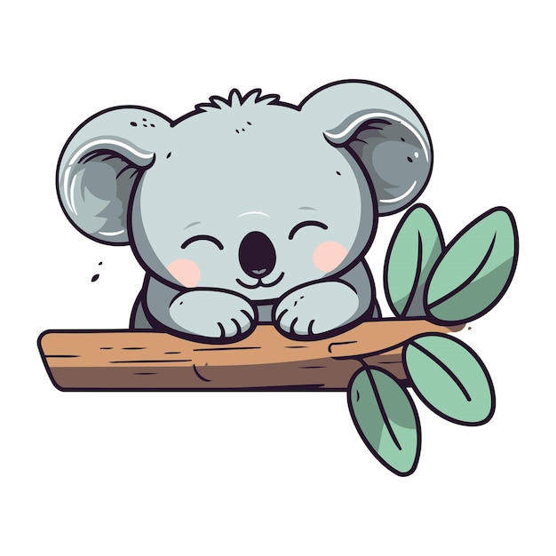 Vector el lindo koala en una rama con hojas ilustración vectorial