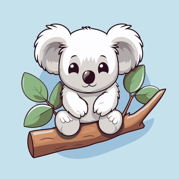 Vector el lindo koala sentado en una rama con hojas ilustración vectorial