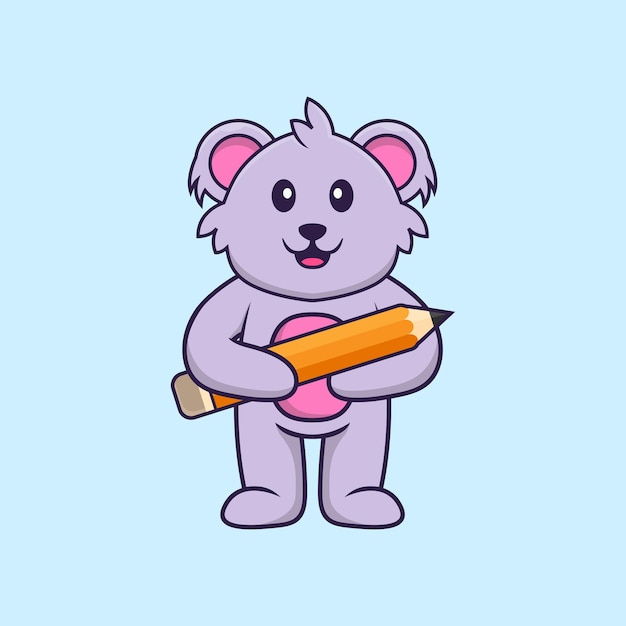 Lindo koala sosteniendo un lápiz. Concepto de dibujos animados de animales aislado. Estilo de dibujos animados plana