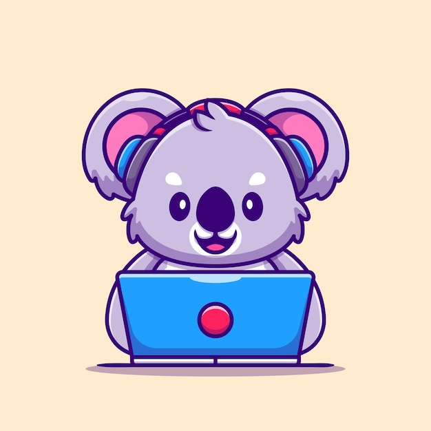 Vector lindo koala trabajando en una computadora portátil con dibujos animados de auriculares