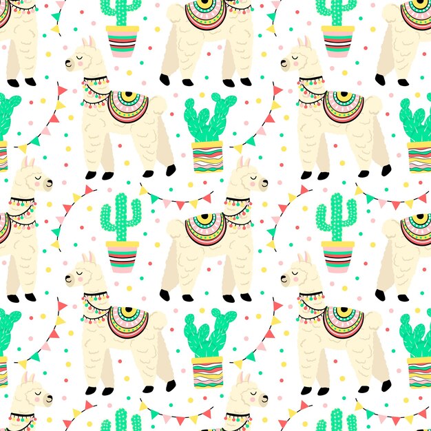 Lindo lama con cactus y elementos de diseño étnico vector ilustración patrón transparente de vector