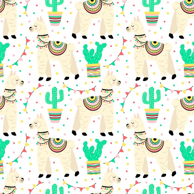 Vector lindo lama con cactus y elementos de diseño étnico vector ilustración patrón transparente de vector