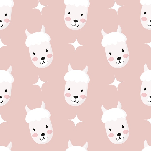 Lindo lama de patrones sin fisuras, hocico animal, cabeza de alpaca. ilustración vectorial de dibujos animados. Fondo de niño