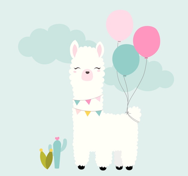 Vector lindo lama sosteniendo globos y pancartas para una fiesta con cactus y nubes