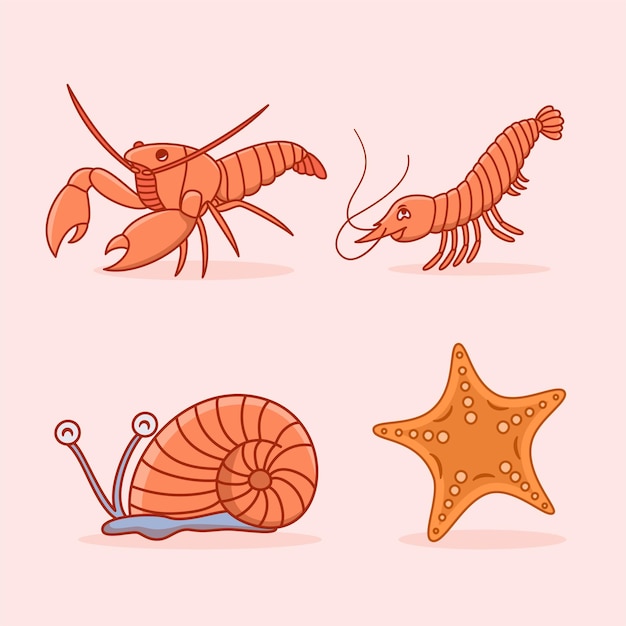 Lindo, langosta, caracol, camarón, estrella de mar, caricatura, ilustración