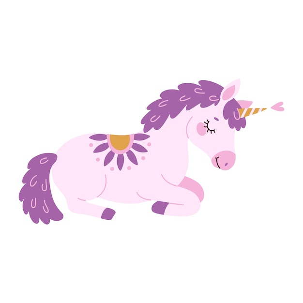 Lindo lavanda mágico unicornio durmiente dibujado a mano estilo plano pony mágico
