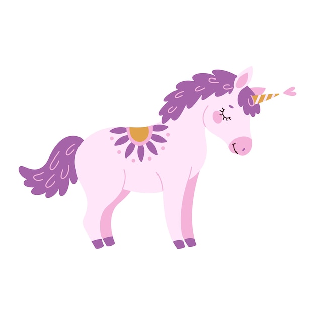 Lindo lavanda mágico unicornio durmiente dibujado a mano estilo plano pony mágico