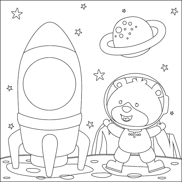 Lindo león astronauta con cohete en el planeta para niños libro o página para colorear de actividades