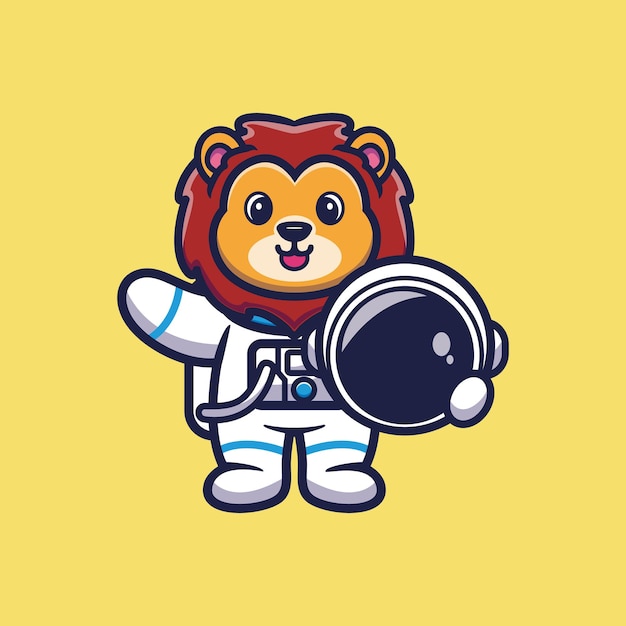 Lindo león astronauta con ilustración de vector de dibujos animados de casco