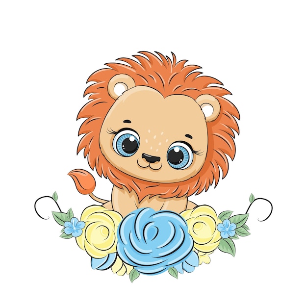 Vector lindo león bebé con una corona de flores ilustración vectorial