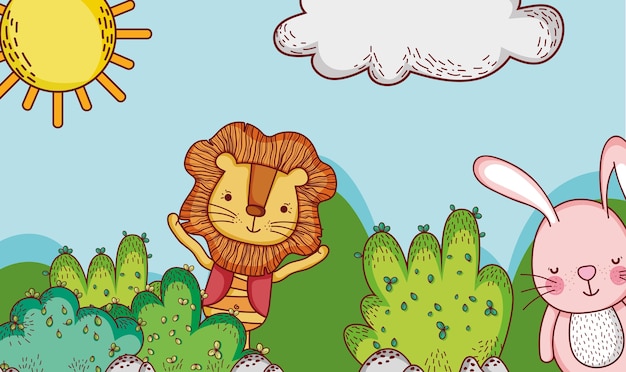 Vector lindo león y conejito en bosque doodle dibujos animados