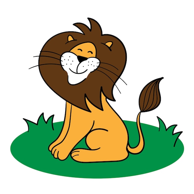 Lindo león de dibujos animados Un león sonriente está sentado en la hierba verde Dibujo en un blanco
