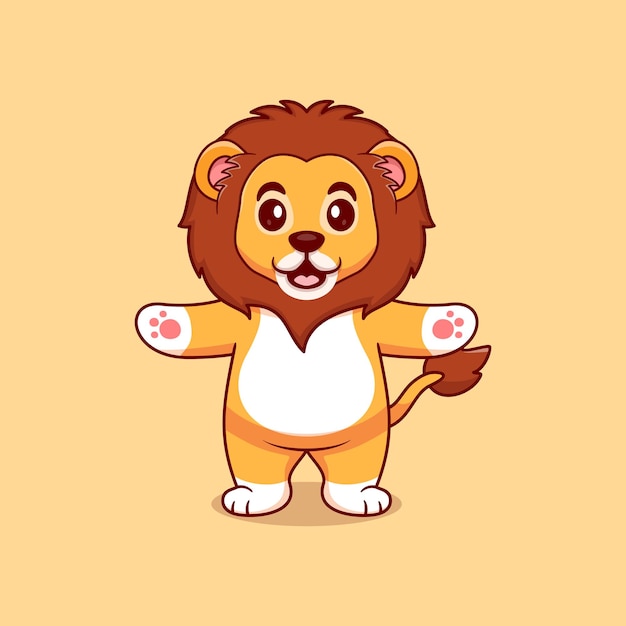 Lindo león dibujos animados vector icono ilustración de pie levantando ambas manos