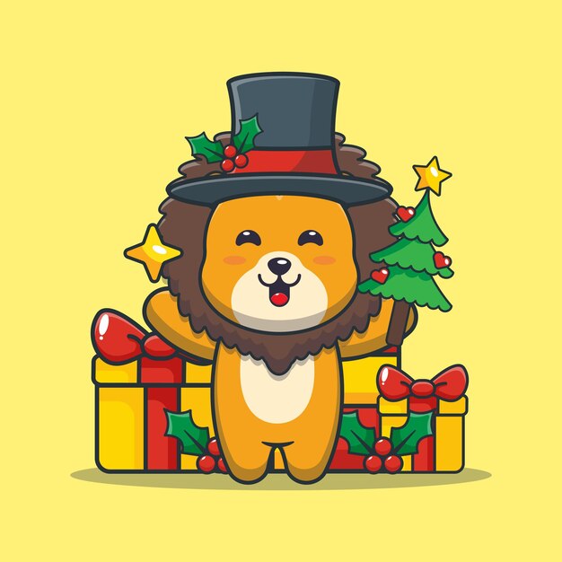 Lindo león con estrella y árbol de Navidad Lindas ilustraciones de dibujos animados de Navidad