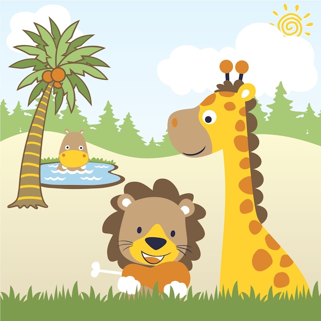 Lindo león y jirafa en la jungla
