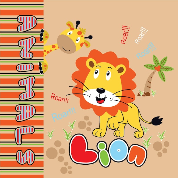 lindo león jugando con una ilustración de dibujos animados de vector de jirafa