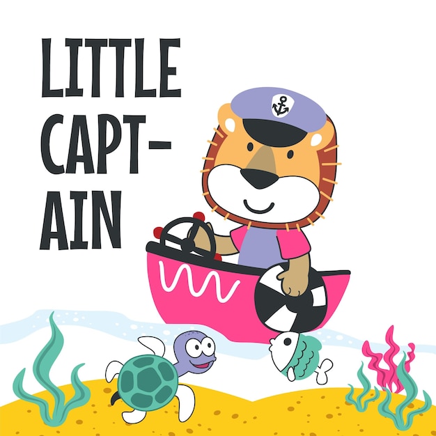 Lindo león marinero en el barco Se puede utilizar para la impresión de camisetas, los niños usan diseño de moda, tarjeta de invitación a la fiesta de bienvenida al bebé, tela, textil, póster de papel tapiz para guardería