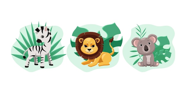 Lindo león, oso koala y cebra conjunto de ilustración de dibujos animados. adorables personajes de animales de la selva con hojas verdes sentados y de pie sobre fondo blanco. vida silvestre, safari, concepto de zoológico