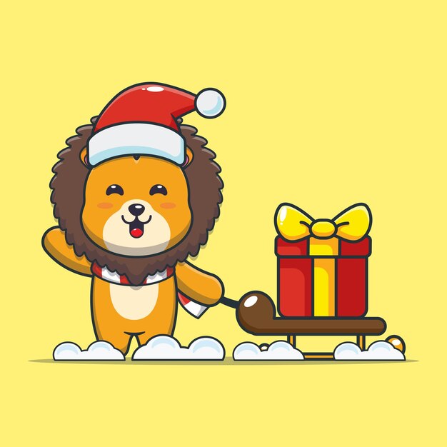Lindo león con regalo de Navidad Linda ilustración de dibujos animados de Navidad