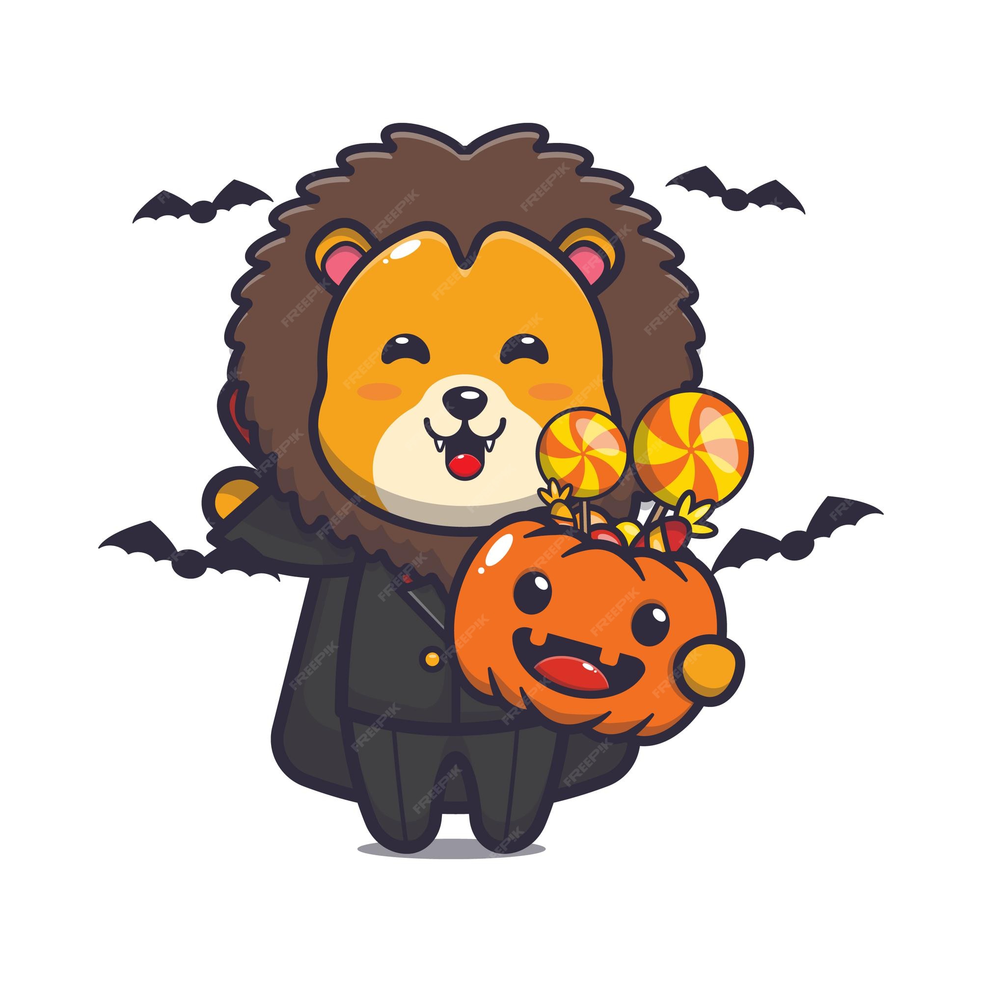 Lindo león vampiro con calabaza de halloween linda ilustración de dibujos animados de halloween | Vector Premium Lindo león vampiro con calabaza de halloween linda ilustración de dibujos animados de halloween | Vector Premium
