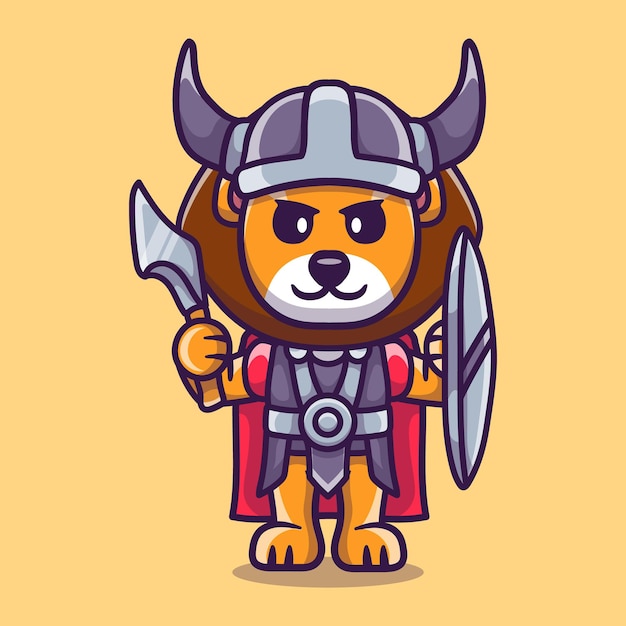 Vector lindo león vikingo con hacha y escudo