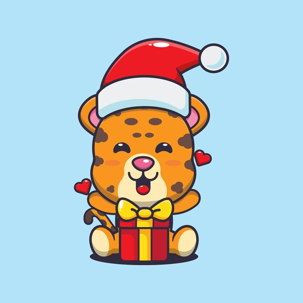 Lindo leopardo feliz con regalo de navidad. Linda ilustración de dibujos animados de Navidad.