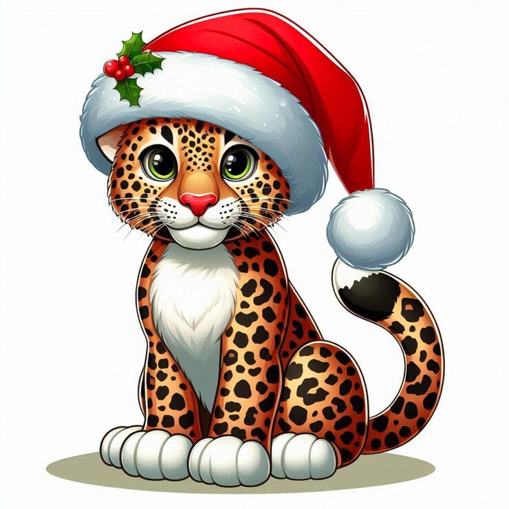 Vector un lindo leopardo de navidad sombrero de papá noel vector ilustración de dibujos animados de fondo blanco