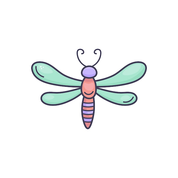 Lindo libélula vectorial en estilo doodle sobre fondo blanco Perfecto para niños impresiones de pegatinas tarjetas o decoración de primavera Ilustración de stock aislada
