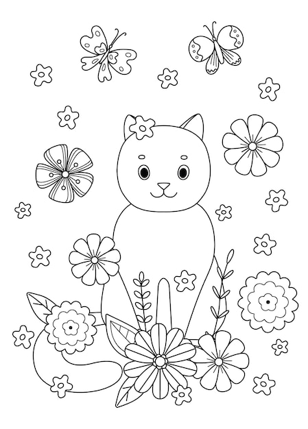 Lindo libro para colorear con gato en flores esquema de formas simples para niños y adultos ilustración vectorial con trazo editable