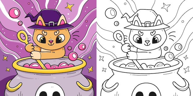 Lindo libro para colorear de Halloween para niños con un gatito cocinando una poción en un caldero