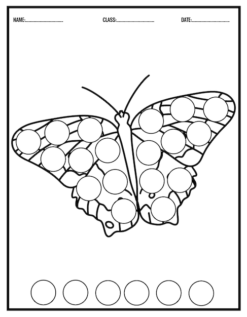 Lindo libro para colorear de mariposas para niños. hojas de trabajo de marcadores de puntos para jardín de infantes.