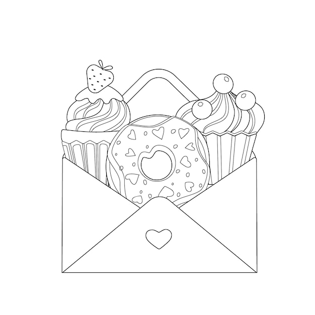 Vector lindo libro de colorear con sobre y cupcakes rosquilla boceto de pastel de contorno vector en blanco y negro