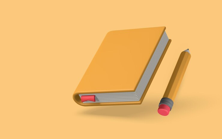 Vector lindo libro de dibujos animados y lápiz objeto escolar 3d realista ilustración vectorial