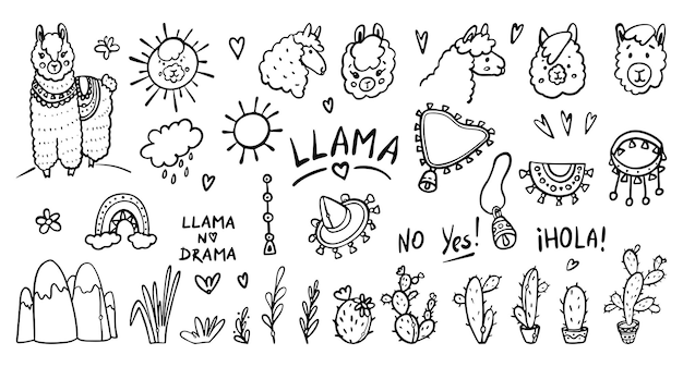 Lindo Llama Alpaca Dibujado a mano contorno Doodles Conjunto de dibujos animados Vector Premium