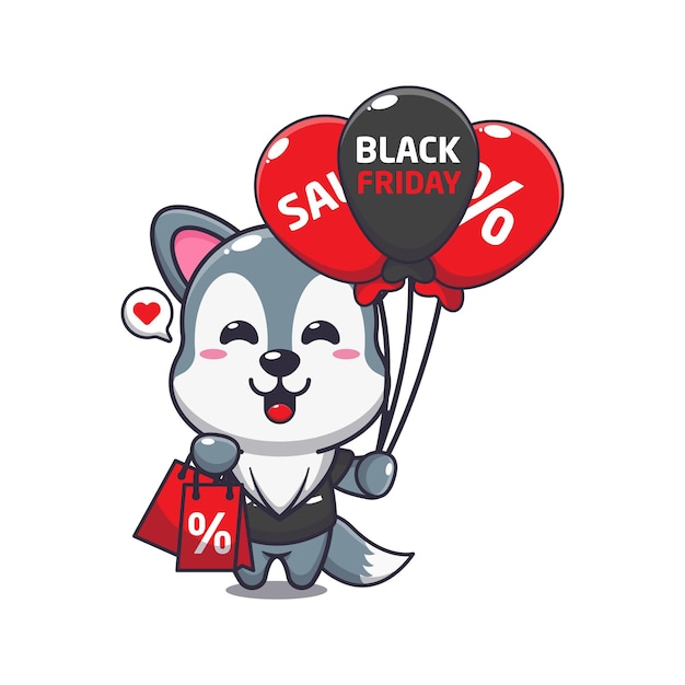 lindo lobo con bolsa de compras y globo en la venta del viernes negro ilustración vectorial de dibujos animados