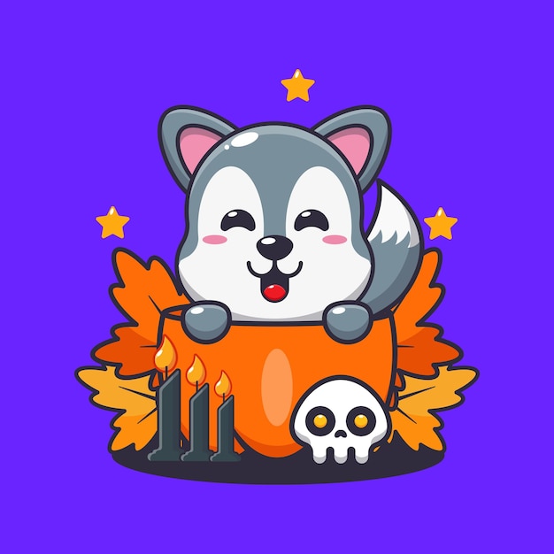 Vector lindo lobo en calabaza de halloween