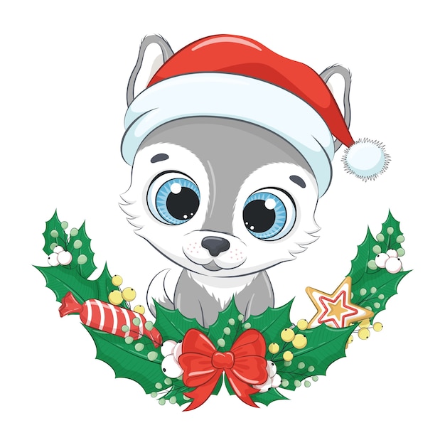 Lindo lobo con corona de Navidad.