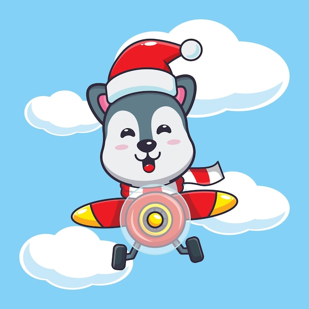 Lindo lobo con sombrero de santa volando con avión. Linda ilustración de dibujos animados de Navidad.