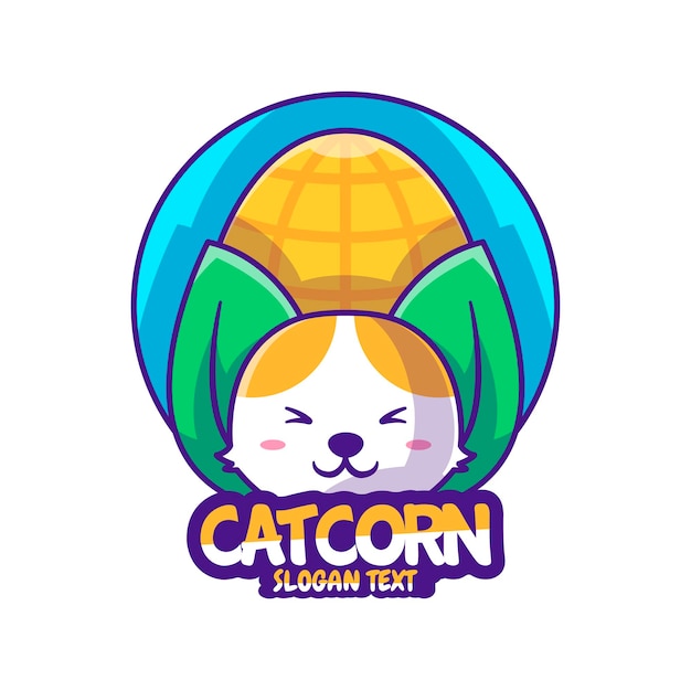 Lindo logo dibujos animados gato maíz ilustración vectorial