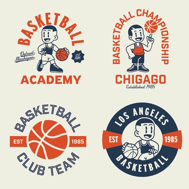 Vector lindo logotipo de baloncesto y mascota ambientados en estilo retro vintage