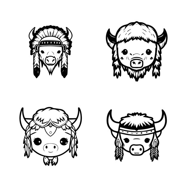 lindo logotipo de búfalo kawaii con conjunto de colección de accesorios de jefe indio ilustración dibujada a mano