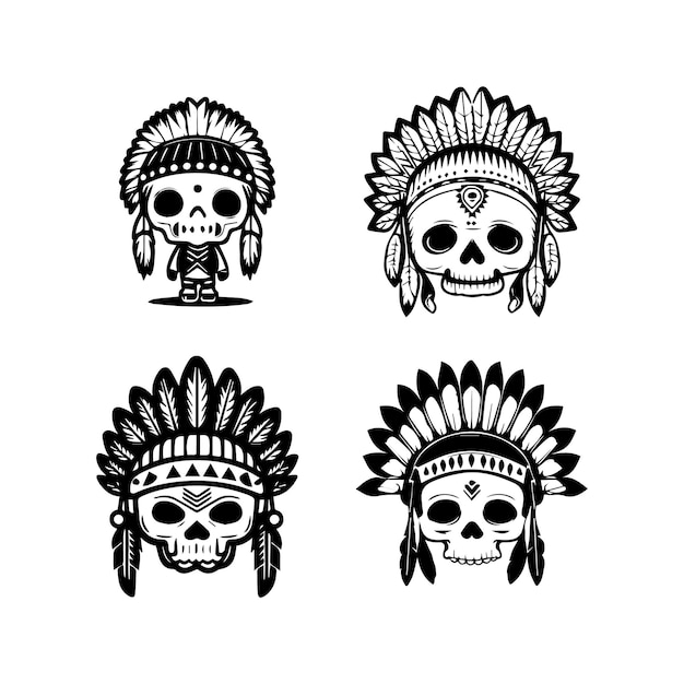 lindo logotipo de cabeza de calavera kawaii con colección de accesorios de jefe indio