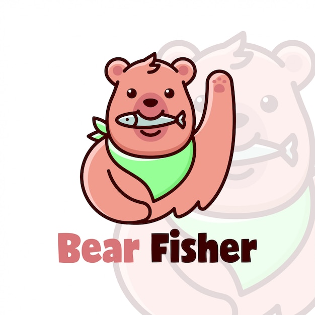 Lindo logotipo de dibujos animados de oso marrón comiendo un pescado