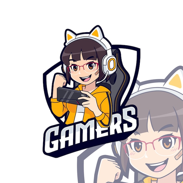 Lindo logotipo de mascota de personaje de jugador, plantilla de logotipo de Streamer girl esport
