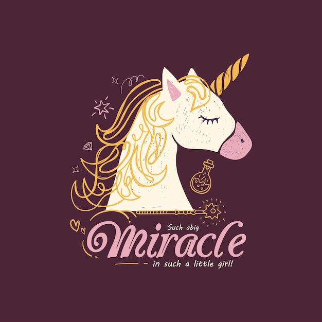 Lindo logotipo vectorial de unicornio dibujado a mano con letras milagrosas sobre fondo púrpura